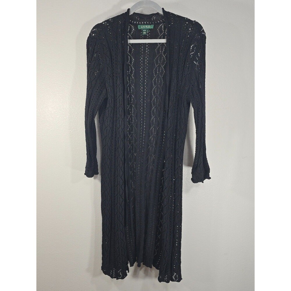 Ralph Lauren Ladies Size XL Black long open-knit pointelle dustier cardigan BZ